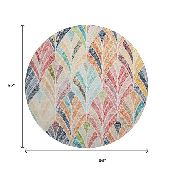 HomeRoots 8' Vibrant Orange, Gold & Blue Geometric Washable Round Rug with UV Protection for Modern Spaces 667614