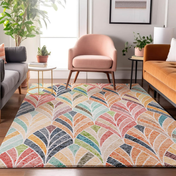 HomeRoots 8' X 10' Vibrant Orange, Gold & Blue Geometric Area Rug - Washable, UV Protected & Stain Resistant! 667615