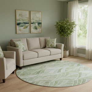 HomeRoots 8' Sage and Ivory Geometric Round Rug - Stylish, Washable, UV-Protected for Home & Outdoor Use 667620