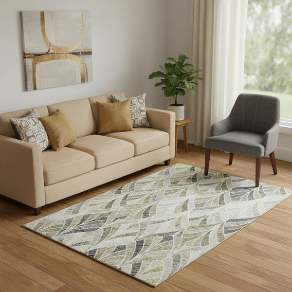 HomeRoots 5' X 8' Taupe And Ivory Geometric Washable Area Rug – Stylish, UV-Protected, Easy-Care for Homes 667625