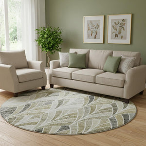 HomeRoots 8' Taupe and Ivory Geometric Round Rug – Washable, UV-Protected, Stylish, and Stain-Resistant! 667626