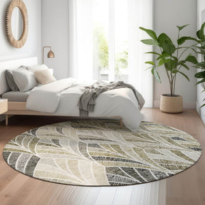 HomeRoots 8' Taupe and Ivory Geometric Round Rug – Washable, UV-Protected, Stylish, and Stain-Resistant! 667626