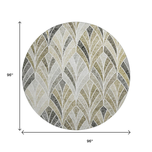 HomeRoots 8' Taupe and Ivory Geometric Round Rug – Washable, UV-Protected, Stylish, and Stain-Resistant! 667626