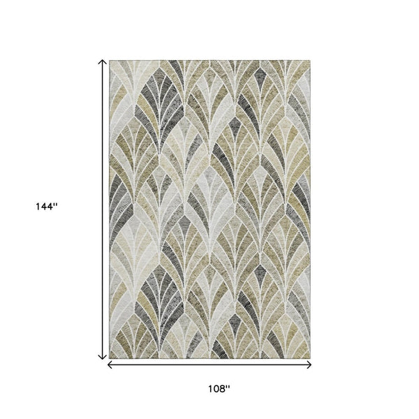 HomeRoots 9' X 12' Taupe and Ivory Geometric Area Rug – Durable, Washable, UV-Protected for Modern Spaces! 667628