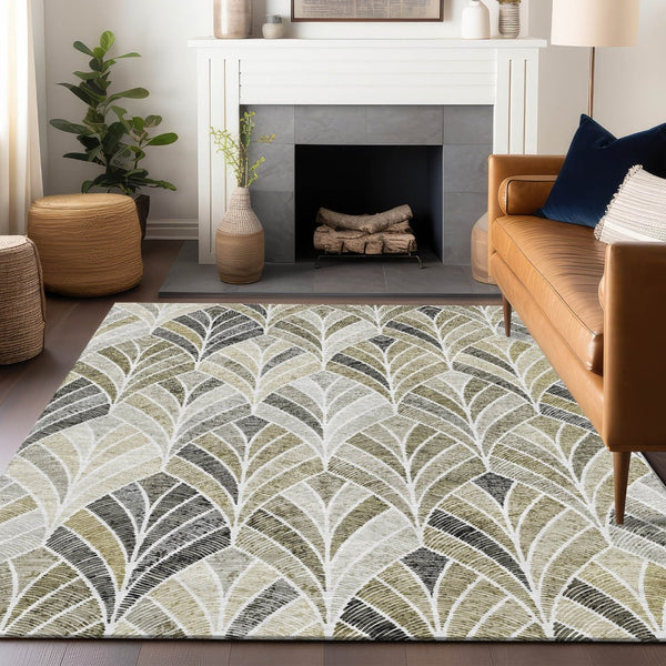 HomeRoots 10' X 14' Taupe And Ivory Geometric Area Rug - Durable, Washable, UV-Protected for Modern Spaces 667629