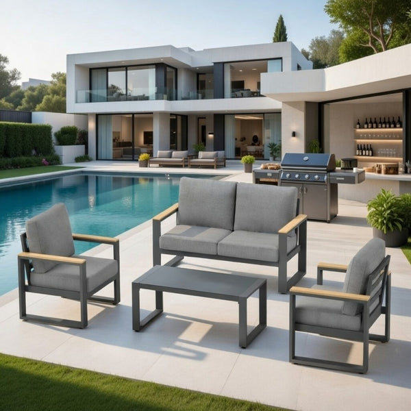 English Elm All-weather Aluminum Patio Conversation Set with Deep Cushions and Tempered Glass Table Gray B082S00113