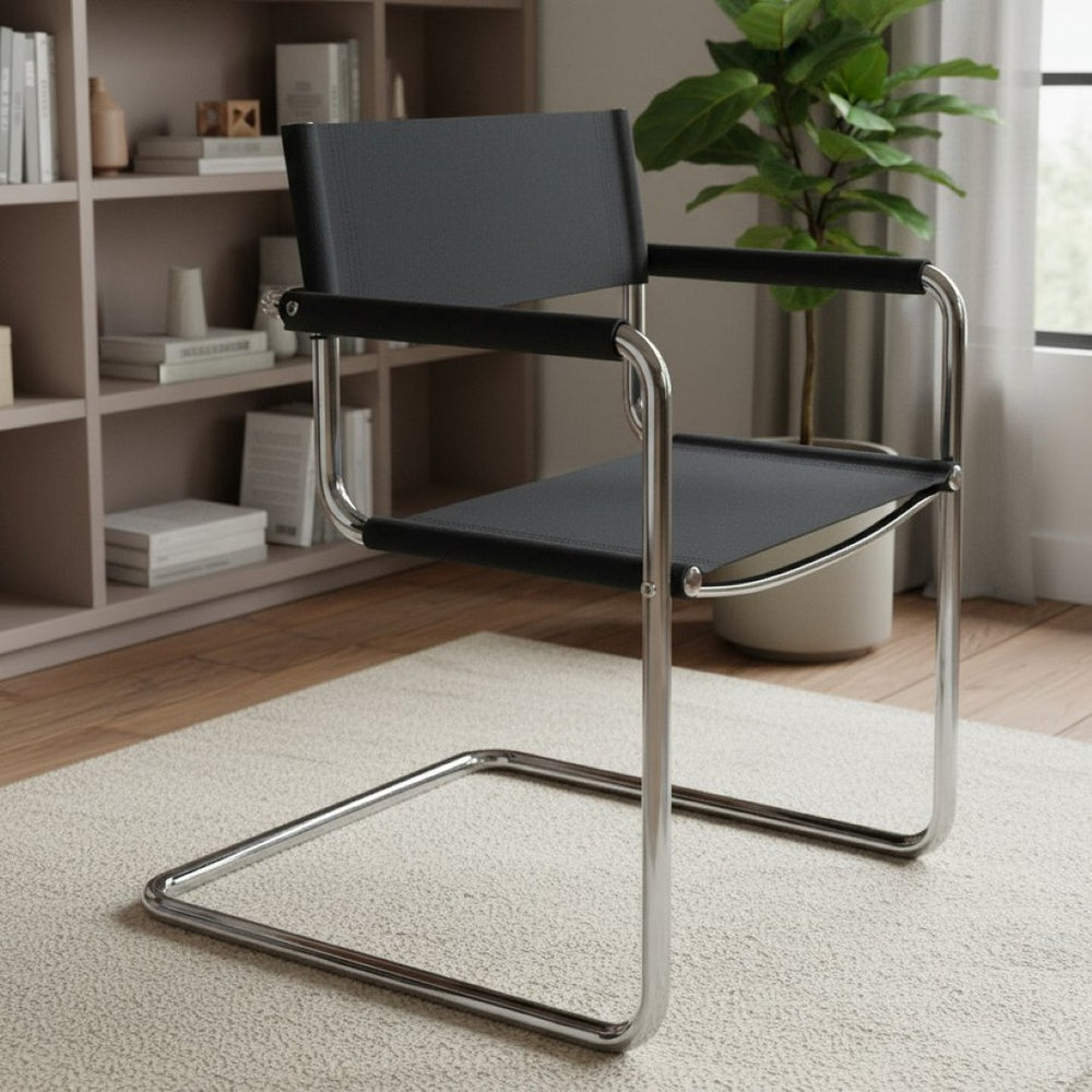 HomeRoots 23" Sleek Silver and Black Leather Arm Chair – Modern Comfort for Dining, Offices, and Lounges 667631