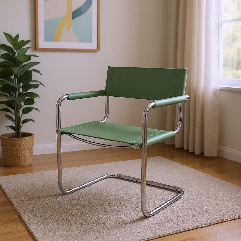 HomeRoots 23" Silver and Green Leather Arm Chair - Stylish Mid-Century Modern Design for Home or Office Use 667632
