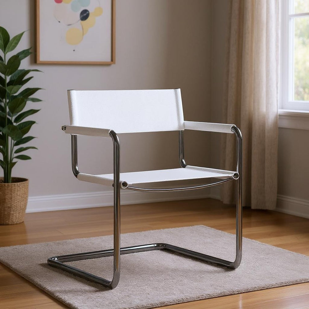 HomeRoots 23" Sleek Silver & White Leather Arm Chair - Modern Stainless Steel Accent for Dining & Lounge Spaces 667633