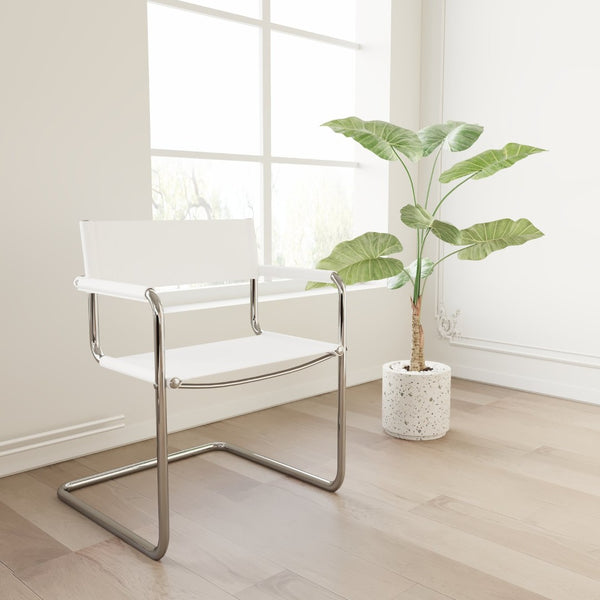 HomeRoots 23" Sleek Silver & White Leather Arm Chair - Modern Stainless Steel Accent for Dining & Lounge Spaces 667633