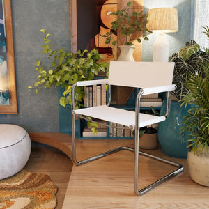 HomeRoots 23" Sleek Silver & White Leather Arm Chair - Modern Stainless Steel Accent for Dining & Lounge Spaces 667633