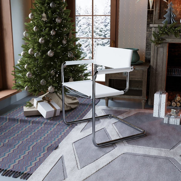 HomeRoots 23" Sleek Silver & White Leather Arm Chair - Modern Stainless Steel Accent for Dining & Lounge Spaces 667633