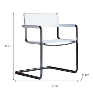 HomeRoots 23" Sleek Silver & White Leather Arm Chair - Modern Stainless Steel Accent for Dining & Lounge Spaces 667633