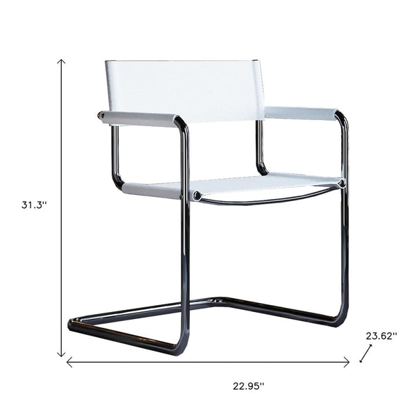 HomeRoots 23" Sleek Silver & White Leather Arm Chair - Modern Stainless Steel Accent for Dining & Lounge Spaces 667633