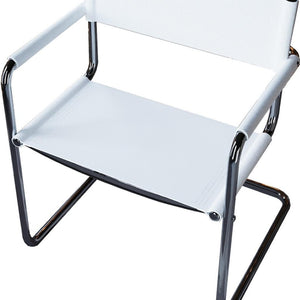 HomeRoots 23" Sleek Silver & White Leather Arm Chair - Modern Stainless Steel Accent for Dining & Lounge Spaces 667633