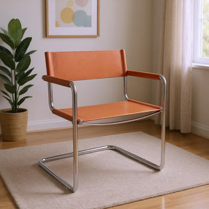 HomeRoots 23" Mid-Century Modern Arm Chair in Terra Cotta Leather & Stainless Steel - Stylish & Versatile 667634