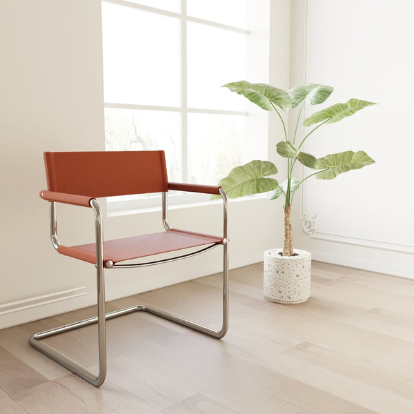HomeRoots 23" Mid-Century Modern Arm Chair in Terra Cotta Leather & Stainless Steel - Stylish & Versatile 667634