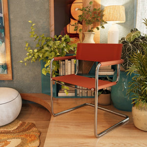 HomeRoots 23" Mid-Century Modern Arm Chair in Terra Cotta Leather & Stainless Steel - Stylish & Versatile 667634