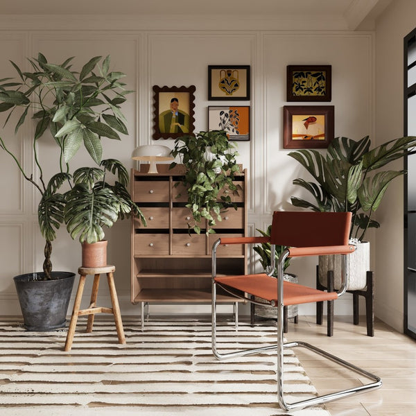 HomeRoots 23" Mid-Century Modern Arm Chair in Terra Cotta Leather & Stainless Steel - Stylish & Versatile 667634