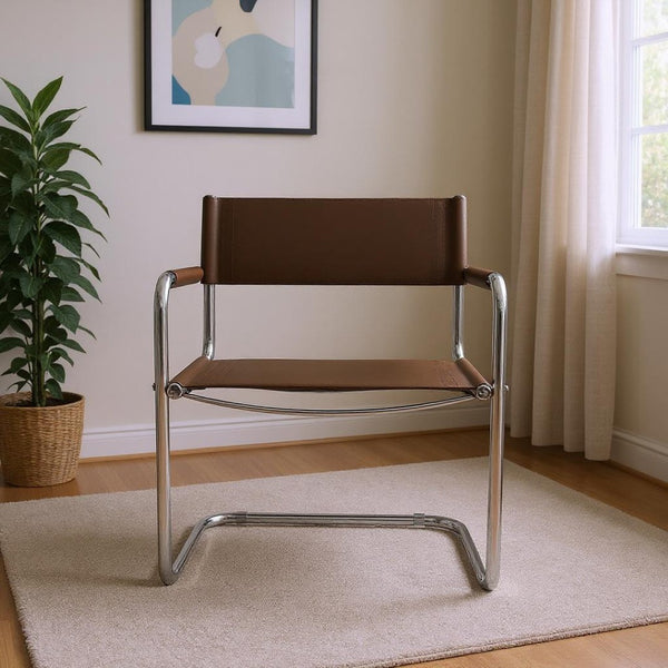 HomeRoots 23" Chocolate Leather Arm Chair with Silver Stainless Steel Base - Mid-Century Modern Elegance 667635