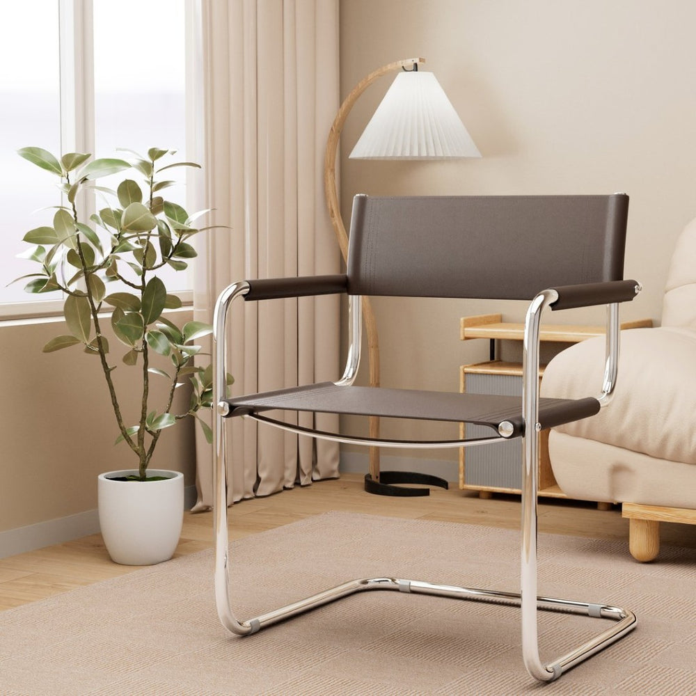 HomeRoots 23" Chocolate Leather Arm Chair with Silver Stainless Steel Base - Mid-Century Modern Elegance 667635