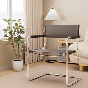 HomeRoots 23" Chocolate Leather Arm Chair with Silver Stainless Steel Base - Mid-Century Modern Elegance 667635
