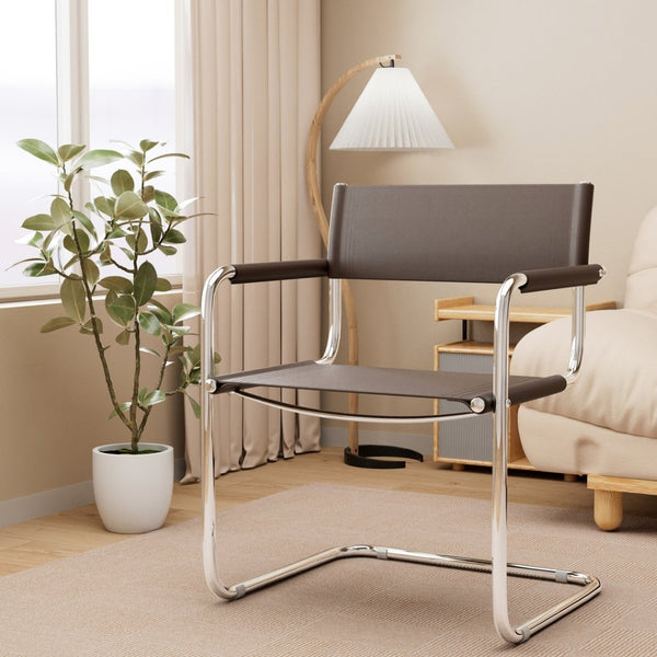 HomeRoots 23" Chocolate Leather Arm Chair with Silver Stainless Steel Base - Mid-Century Modern Elegance 667635