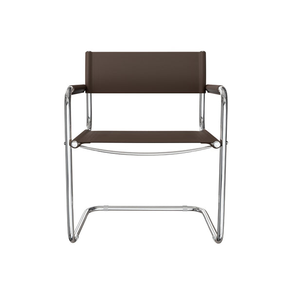 HomeRoots 23" Chocolate Leather Arm Chair with Silver Stainless Steel Base - Mid-Century Modern Elegance 667635