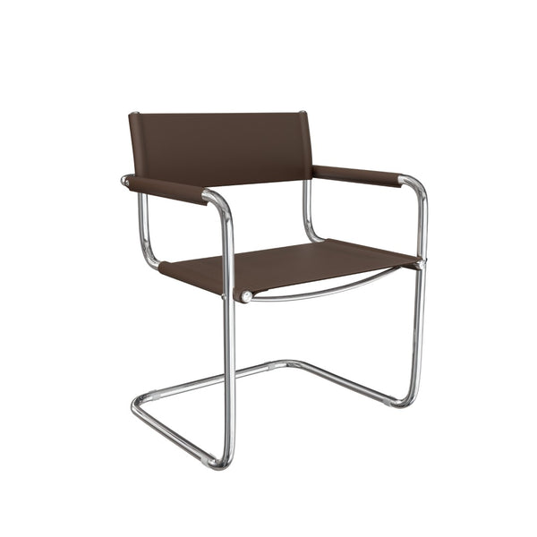 HomeRoots 23" Chocolate Leather Arm Chair with Silver Stainless Steel Base - Mid-Century Modern Elegance 667635