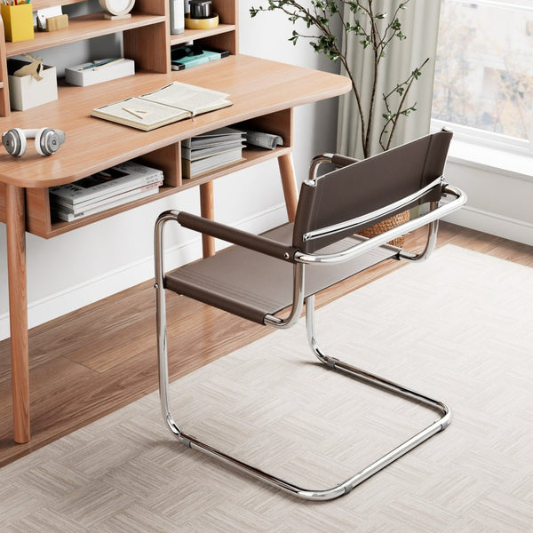 HomeRoots 23" Chocolate Leather Arm Chair with Silver Stainless Steel Base - Mid-Century Modern Elegance 667635