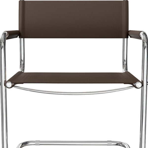 HomeRoots 23" Chocolate Leather Arm Chair with Silver Stainless Steel Base - Mid-Century Modern Elegance 667635