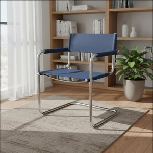 HomeRoots 23" Navy Blue Leather Arm Chair with Stainless Steel Base - Mid-Century Modern Design for Any Space 667636