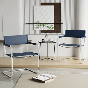 HomeRoots 23" Navy Blue Leather Arm Chair with Stainless Steel Base - Mid-Century Modern Design for Any Space 667636
