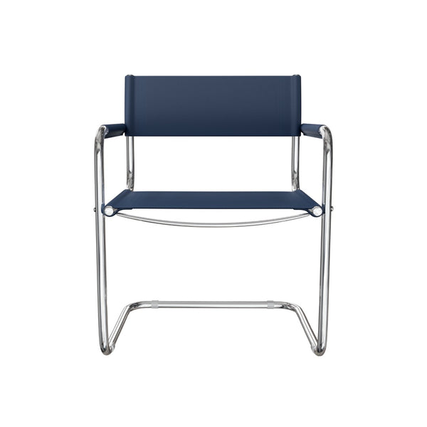 HomeRoots 23" Navy Blue Leather Arm Chair with Stainless Steel Base - Mid-Century Modern Design for Any Space 667636