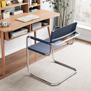 HomeRoots 23" Navy Blue Leather Arm Chair with Stainless Steel Base - Mid-Century Modern Design for Any Space 667636