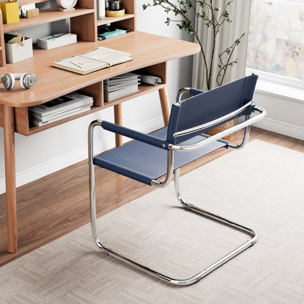 HomeRoots 23" Navy Blue Leather Arm Chair with Stainless Steel Base - Mid-Century Modern Design for Any Space 667636