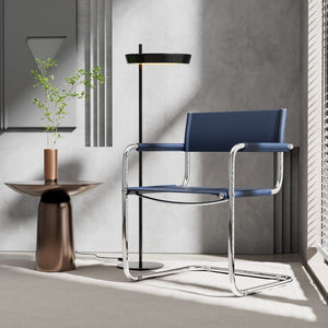 HomeRoots 23" Navy Blue Leather Arm Chair with Stainless Steel Base - Mid-Century Modern Design for Any Space 667636