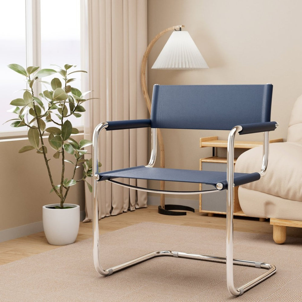 HomeRoots 23" Navy Blue Leather Arm Chair with Stainless Steel Base - Mid-Century Modern Design for Any Space 667636