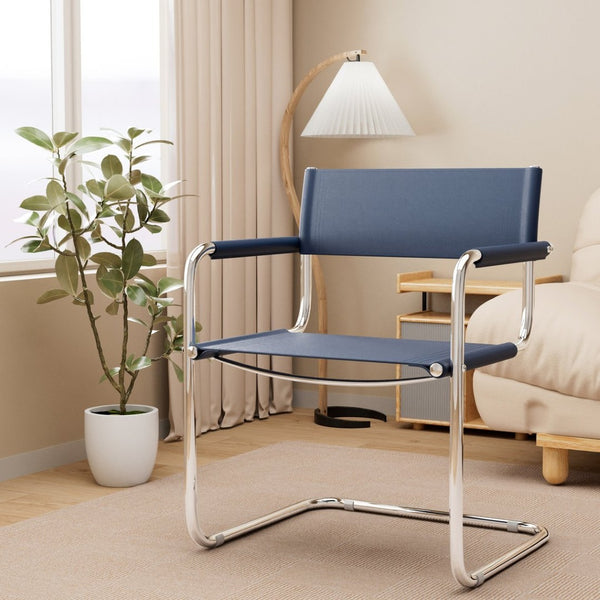 HomeRoots 23" Navy Blue Leather Arm Chair with Stainless Steel Base - Mid-Century Modern Design for Any Space 667636