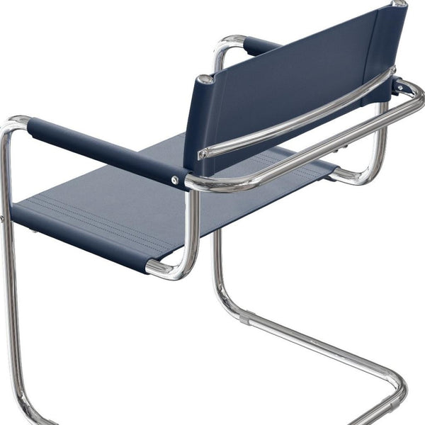 HomeRoots 23" Navy Blue Leather Arm Chair with Stainless Steel Base - Mid-Century Modern Design for Any Space 667636