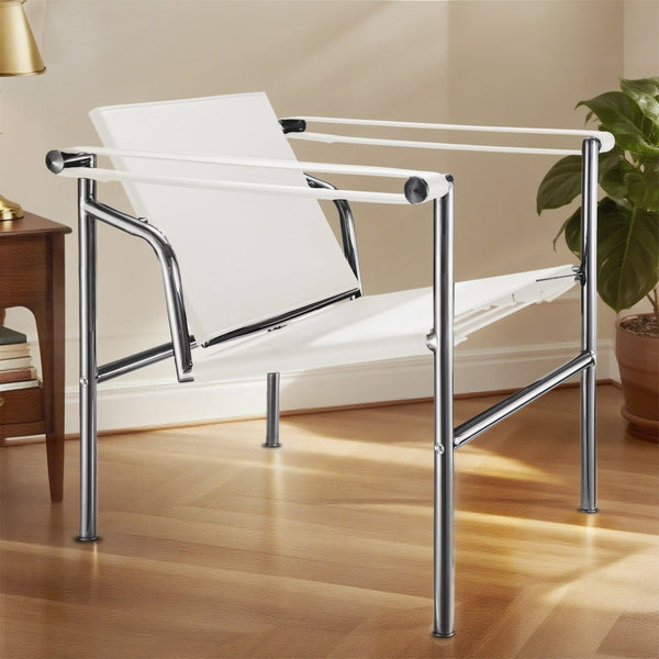 HomeRoots 24" Modern White and Silver Faux Leather Adjustable Back Arm Chair for Stylish Home or Office Use 667638