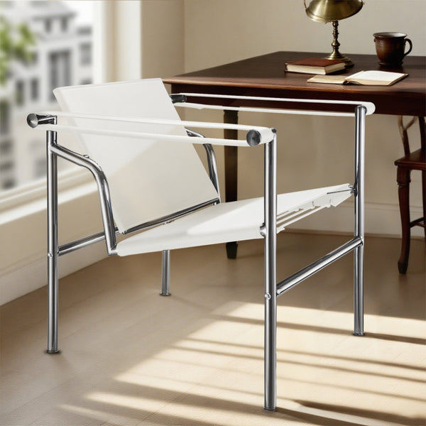 HomeRoots 24" Modern White and Silver Faux Leather Adjustable Back Arm Chair for Stylish Home or Office Use 667638