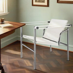 HomeRoots 24" Modern White and Silver Faux Leather Adjustable Back Arm Chair for Stylish Home or Office Use 667638