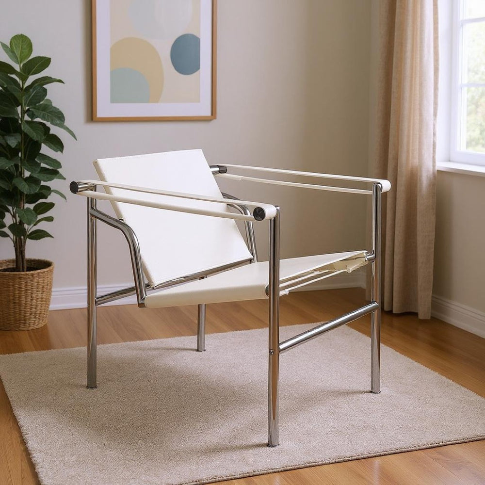 HomeRoots 24" Modern White and Silver Faux Leather Adjustable Back Arm Chair for Stylish Home or Office Use 667638