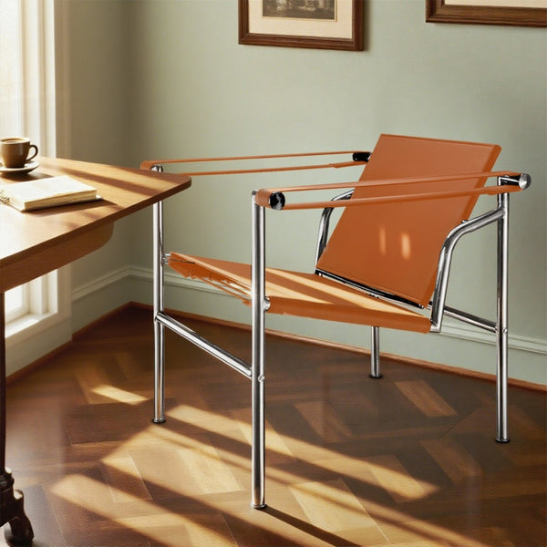 HomeRoots 24" Adjustable Back Arm Chair in Terra Cotta & Silver Faux Leather – Modern Comfort for Any Space 667639