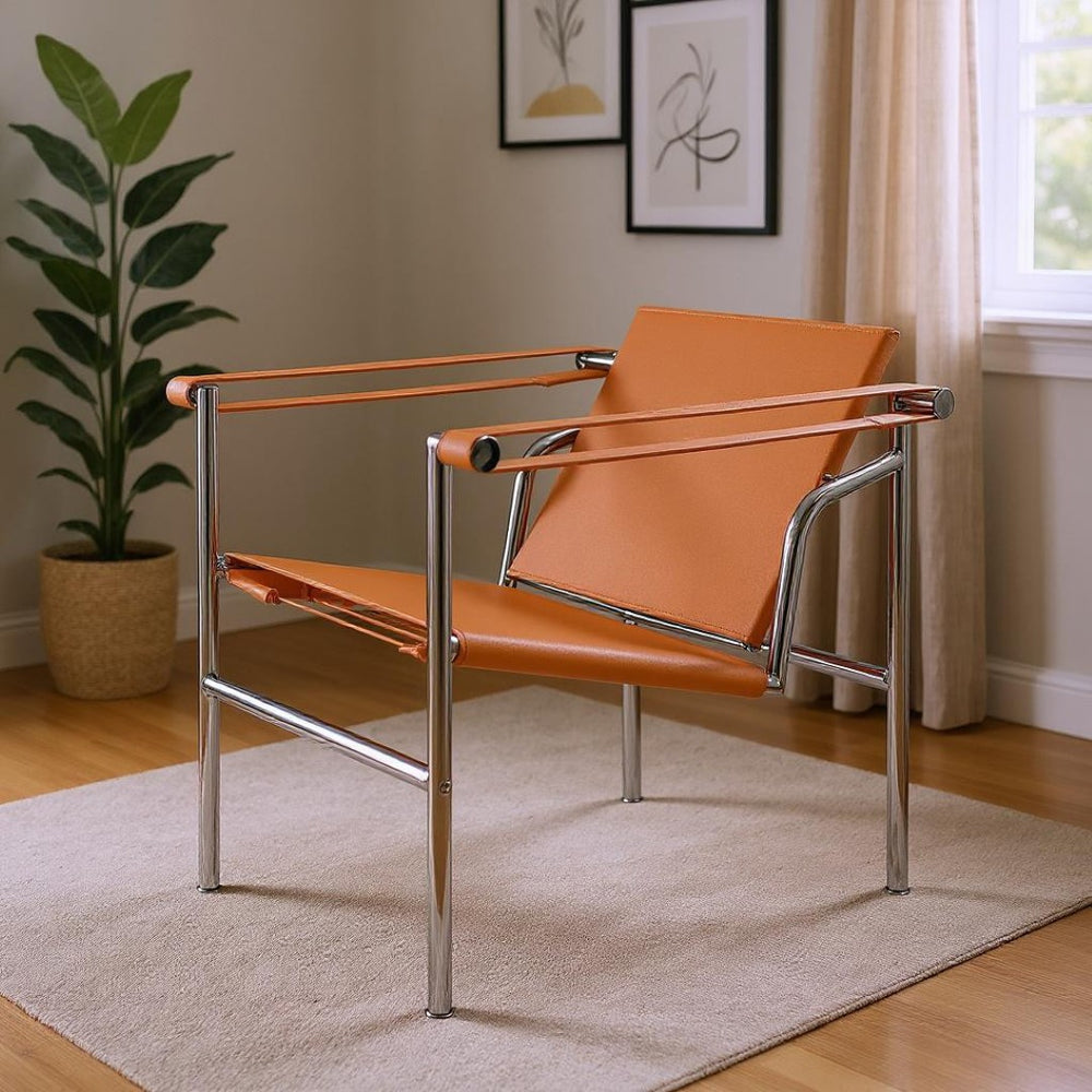 HomeRoots 24" Adjustable Back Arm Chair in Terra Cotta & Silver Faux Leather – Modern Comfort for Any Space 667639