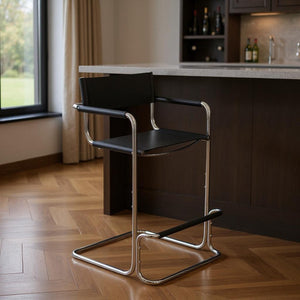 HomeRoots 30" Modern Black and Silver Leather Bar Chair - Stylish Steel Frame, Comfort for Home & Cafe Use 667640