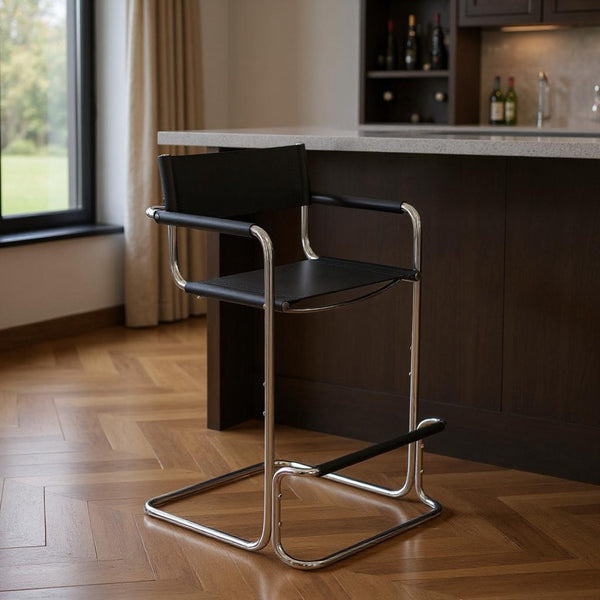 HomeRoots 30" Modern Black and Silver Leather Bar Chair - Stylish Steel Frame, Comfort for Home & Cafe Use 667640