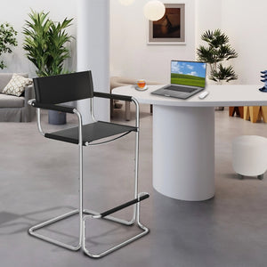 HomeRoots 30" Modern Black and Silver Leather Bar Chair - Stylish Steel Frame, Comfort for Home & Cafe Use 667640