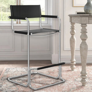 HomeRoots 30" Modern Black and Silver Leather Bar Chair - Stylish Steel Frame, Comfort for Home & Cafe Use 667640